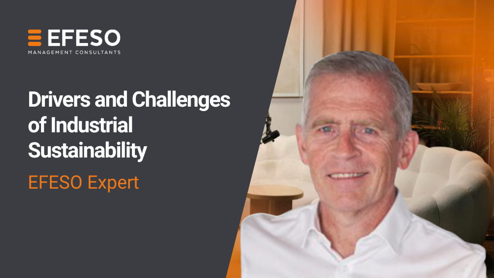 A promotional image for EFESO Management Consultants featuring the text “Drivers and Challenges of Industrial Sustainability, EFESO Expert” alongside a smiling man in a white shirt, with a modern office background. EFESO Management Consultants